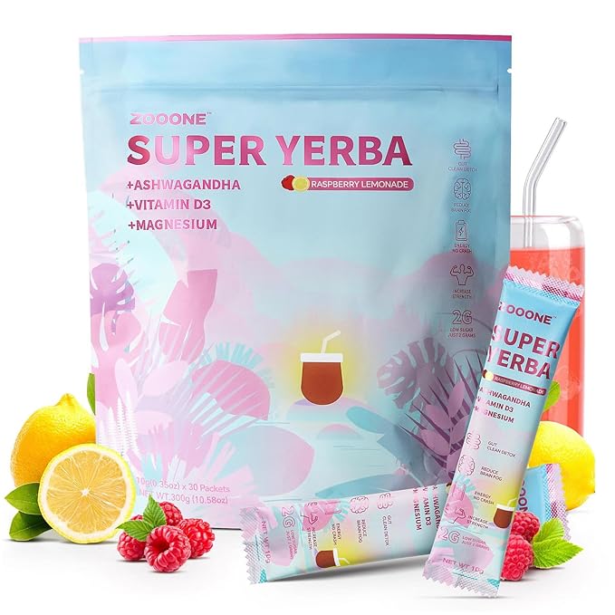 ZOOONE Super Yerba Mate tea Instant Powder 30 Packets- Raspberry Lemonade Flavor | Servings Clean Energy &amp Focus Boost Brain Fog Buster| Gut Support Antioxidants