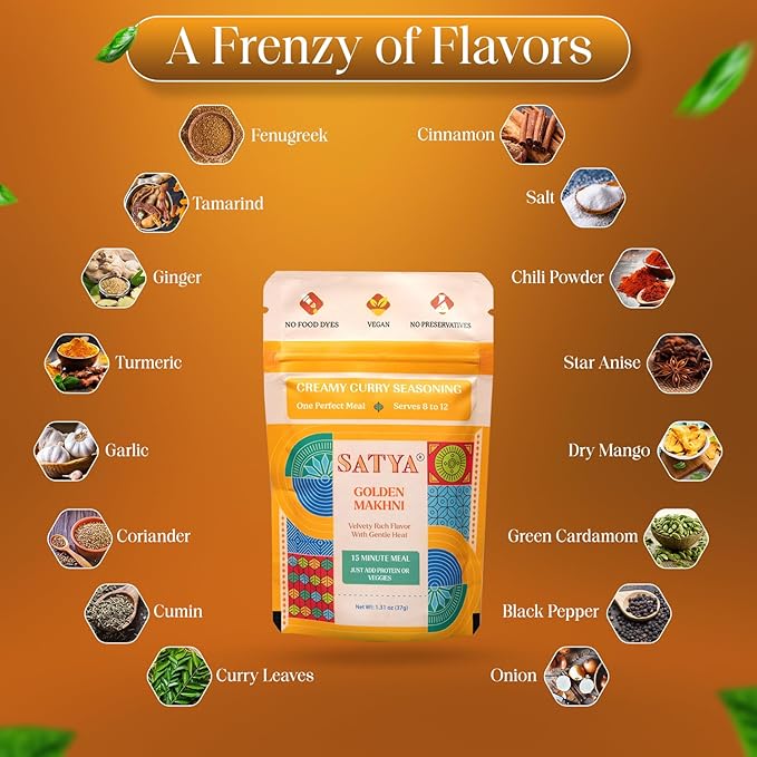 Satya Butter Chicken Creamy Curry Seasoning Mix Powder 1.31 oz Sachets (Pack of 5-185gm) – Golden Makhni Curry Masala for Protein Chicken &amp Vegetables - Vegan Gluten &amp Dye Free Low Sodium I