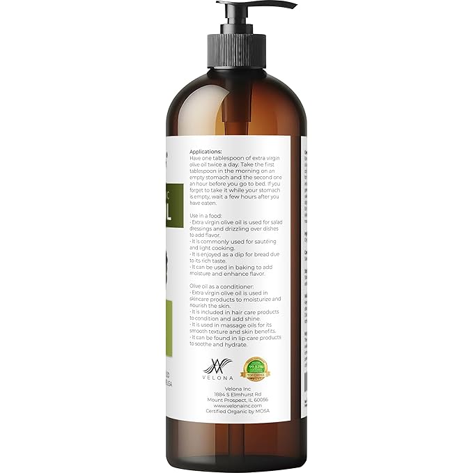 velona USDA Certified Organic Olive Oil - 16 Fl Oz | 100% Pure and Natural Carrier Oil | Extra Virgin Unrefined Cold Pressed | Cooking Dressing Face Hair Body &amp Skin Care | Use Today - Enjoy