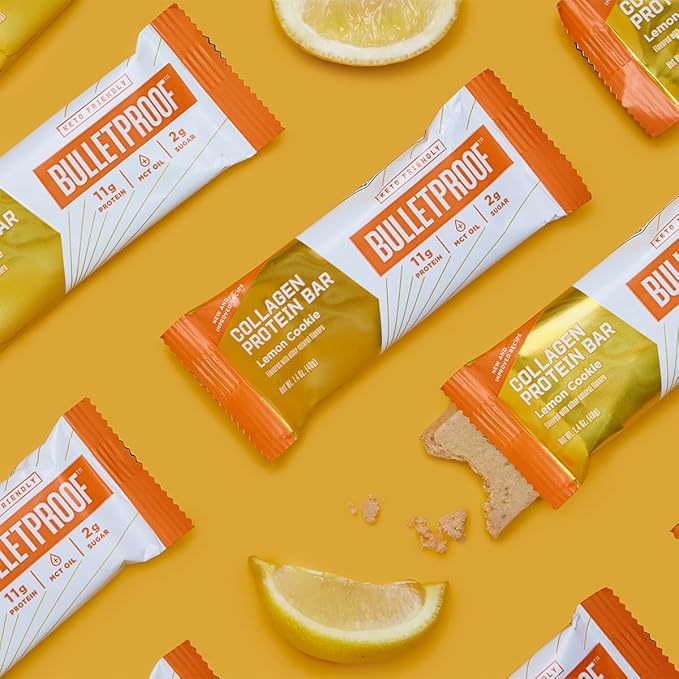 Bulletproof Lemon Cookie Collagen Protein Bars Pack of 12 Keto-Friendly Snack with MCT Oil Grass-fed Collagen No Added Sugar