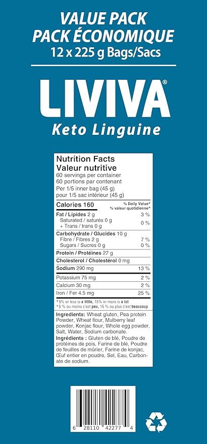 LIVIVA Low Carb High Protein KETO Value Pack Shirataki Pasta – 135 g Protein per Box with Pea Protein &amp Konjac Flour - 8g Net Carbs Diabetic-Friendly - Healthy Al Dente Pasta (12 Pack Linguine P