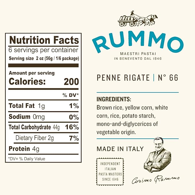 Rummo Italian Pasta GF Rigatoni No.50 -Always Al Dente Certified Gluten-Free Made In Italy (6 Pack 12oz Each)