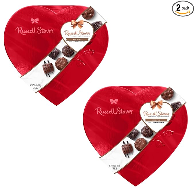 Russell Stover Valentine's Day Red Foil Heart - Pack of 2 - Assorted Milk and Dark Chocolate - 17 Pieces Per Box - Great For Sharing with Friends and Family