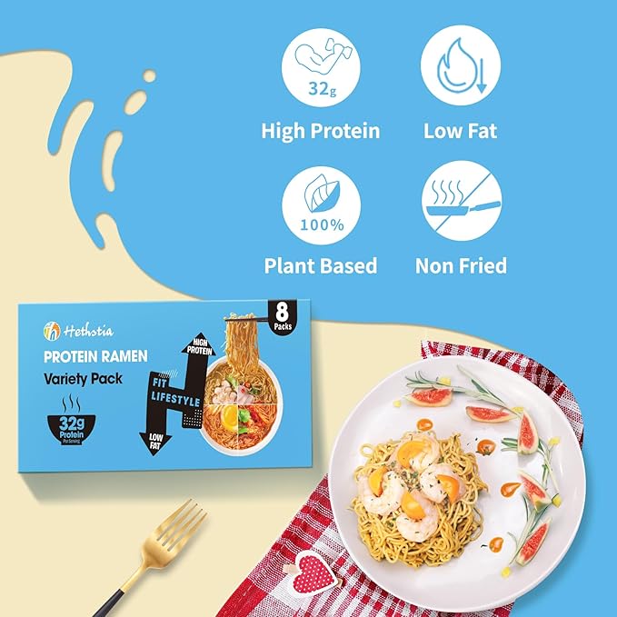 Hethstia High-Protein Ramen Variety Pack 8-Pack Instant Ramen Noodle Soup (Chicken Beef Spicy Kimchi Spicy Curry) 32g Plant-Based Protein Vegan Non-GMO Low Fat Pre-Packaged Quick Meal