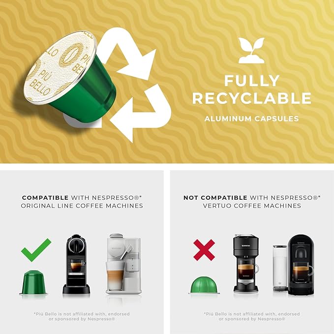 Piu Bello Blend Espresso Coffee Pods for Nespresso Original Machines – Compatible Capsules Pack – Rich &amp Balanced Taste – Strong Italian Espresso Flavor – Kosher Certified (120 Count Single Flavo