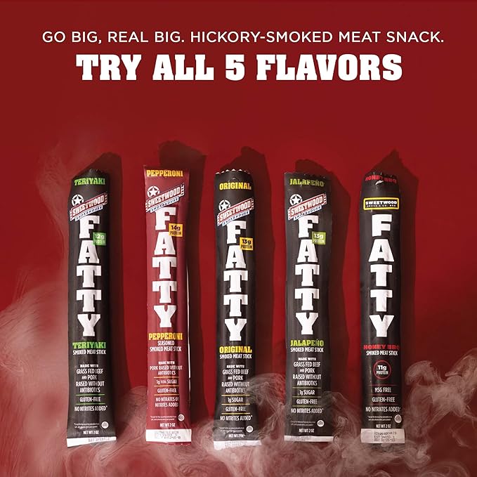 FATTY Meat Sticks Made with Grass Fed Beef Pork Raised Without Antibiotics 12g Protein Per Stick Teriyaki Easter Basket Stuffer for Men 2 oz. (Pack of 20)