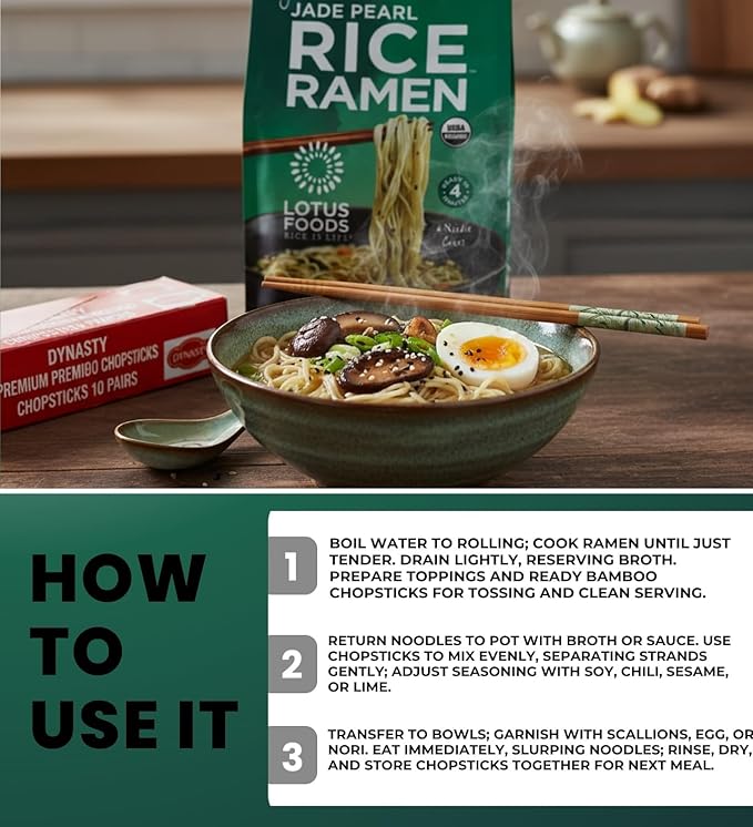 6x Jade Pearl Organic Rice Ramen - 10OZ Bundle with Chopstick Bamboo 10PC — Nutritious Gluten-Free Noodles Made with Organic Rice and Bamboo Extract for Simple Flavorful Meals — Gift Set (7 Items)