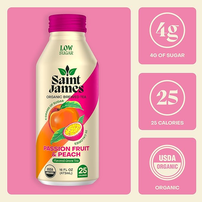 Saint James Iced Tea - Organic Green Tea - Non GMO Gluten Free Low Calorie &amp Low Sugar - Passion Fruit &amp Peach 12 Pack (16 fl oz each)