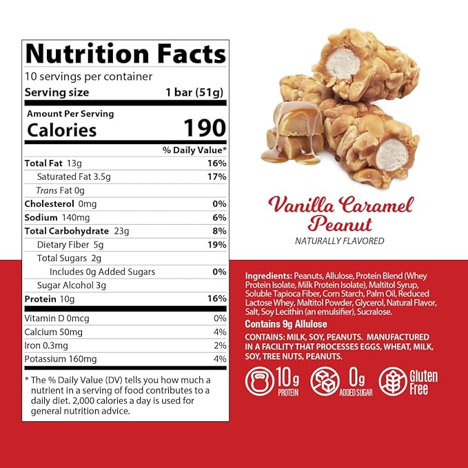 Genius Gourmet Nut Roll Bars Vanilla Caramel Peanut – 10g Protien Zero Added Sugar Gluten Free Non-GMO – Sweet Snack &amp Dessert for Adults and Kids – 10 Ct Box