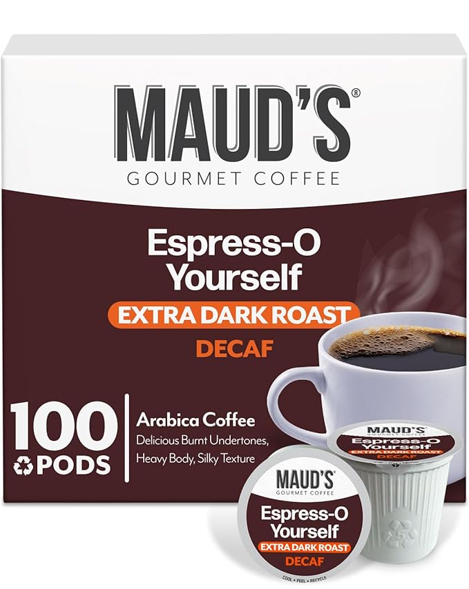 Maud's Decaf Espresso Roast Coffee Pods 100 ct Decaffeinated Dark Roast Coffee in Single Serve Pods – 100% Arabica Coffee Compatible with Keurig K Cups Maker