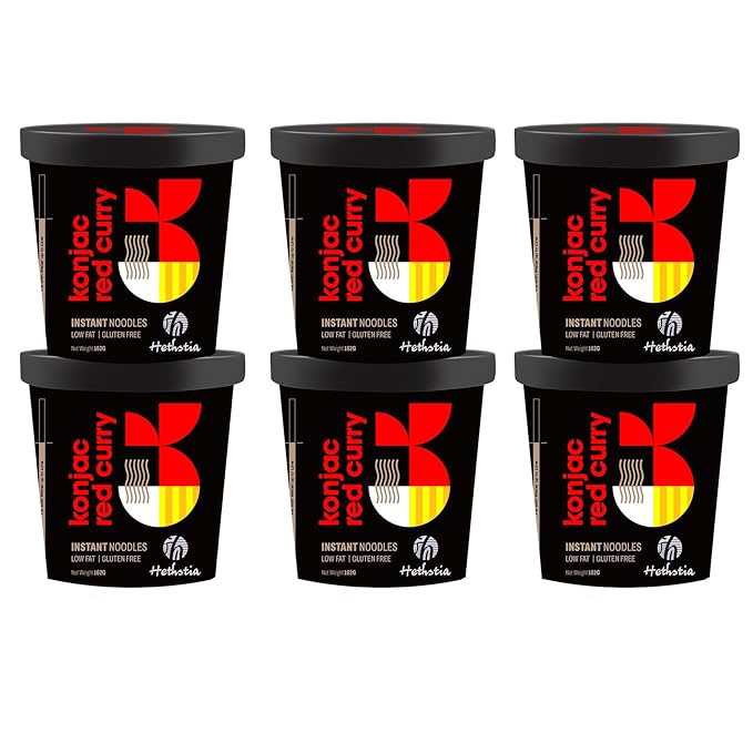 Hethstia Konjac Noodles Red Curry Soup Cups – 6-Pack Shirataki Angel Hair Pasta Low Carb (4g) Instant Konjac Spicy Red Curry Broth Gluten-Free Low Sugar Low Fat Healthy Asian Ramen