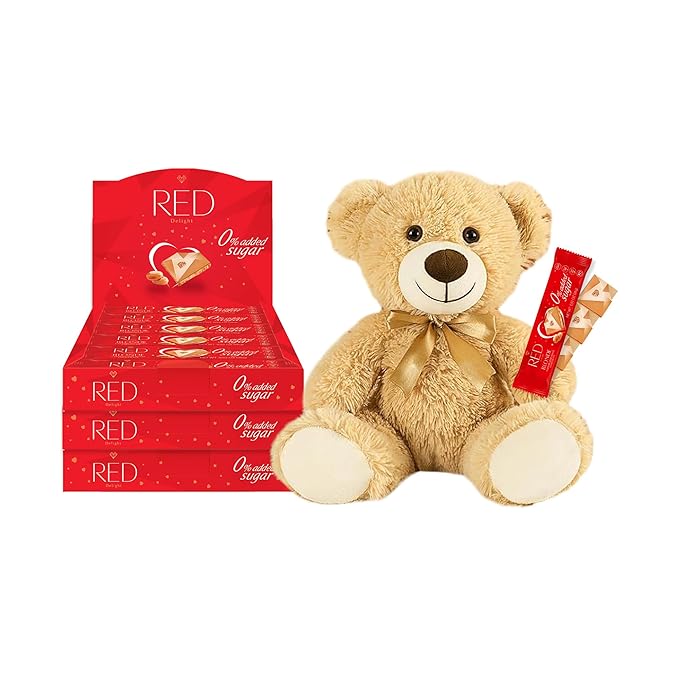 RED Delight®™ Blonde Caramelized White Chocolate 12 Count Box of Grab N Go Travel Size Bars (0.92 Ounces Each) with 14 Plush Teddy Bear (3 Boxes - Total of 36 Bars + 14 Plush Teddy Bear)