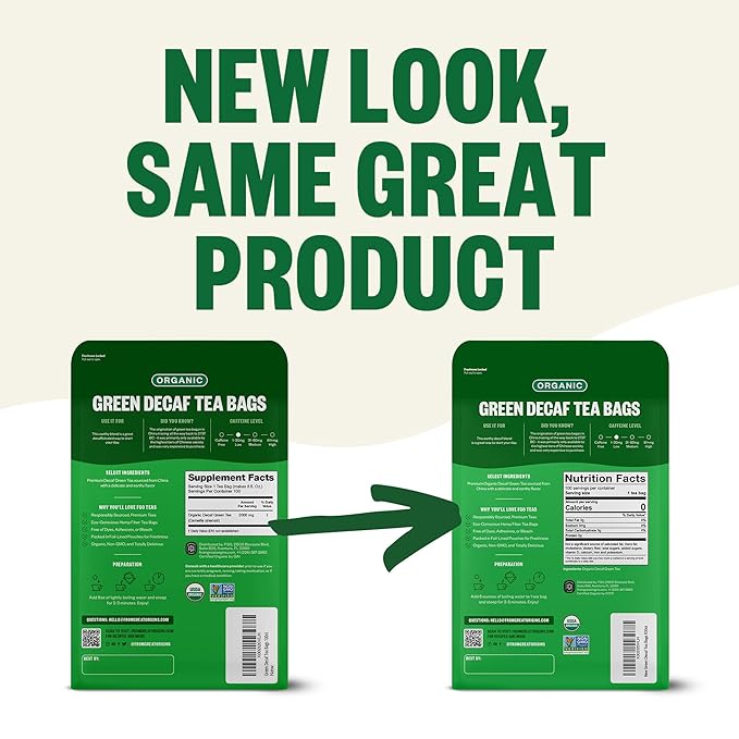 FGO Organic Green Decaf Tea 100 Count Eco-Conscious Tea Bags Resealable Bag Caffeine Free Packaging May Vary (Pack of 1)