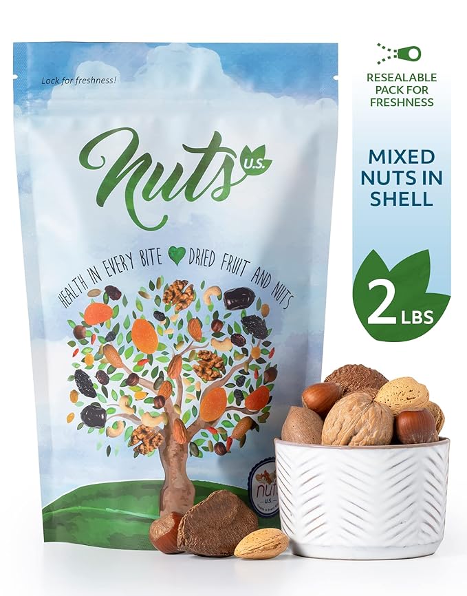NUTS U.S. – Mixed Nuts In Shell (Almonds Walnuts Hazelnuts Pecans Brazil Nuts) | No Added Colors and No Artificial Flavors | Fresh Buttery Taste and Raw |Packed In Resealable Bags (2 LBS)