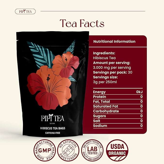 PiPi Tea Organic Hibiscus Tea Bags – Caffeine Free Herbal Tea Rich in Antioxidants Non-GMO &amp Vegan Sourced from Premium Hibiscus Flowers for Daily Wellness &amp Heart Health Support 60g