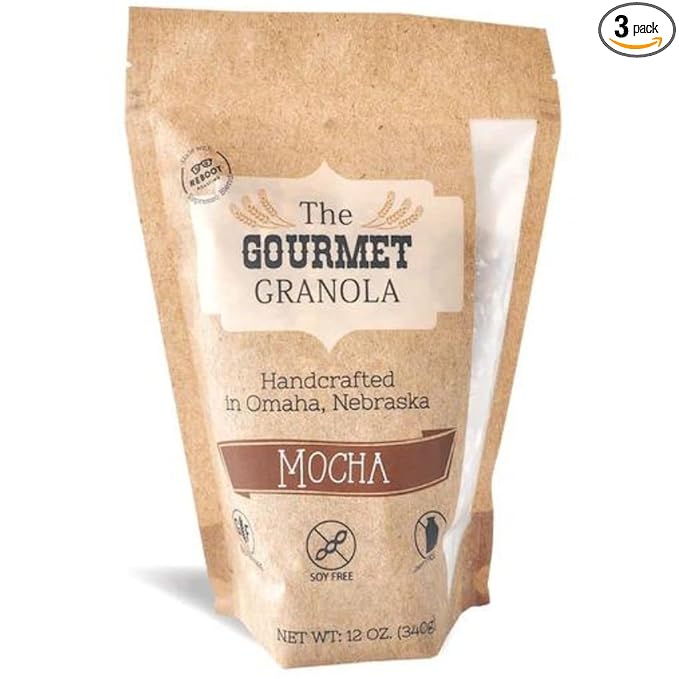 The Gourmet Granola Mocha Granola | Healthy Snack | Gluten Free Soy Free Dairy Free | Adds a Chocolatey Crunch to Yogurt &amp Vanilla Ice Cream | Enjoy Hot or Cold | Nebraska Made | 12 oz Bag | 3 P