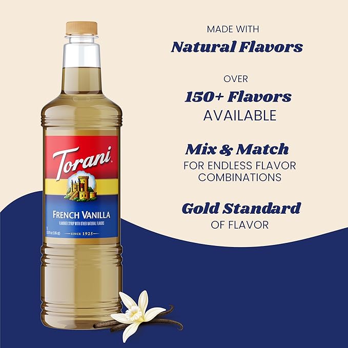 Torani French Vanilla Coffee Syrup 1 Liter Bottle with Pump Dispenser – Flavored Syrup with Pure Cane Sugar &amp Natural Ingredients – Perfect for Lattes Teas Cocktails &amp Desserts