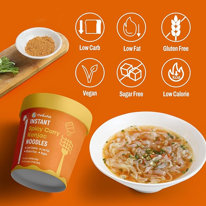 Hethstia Konjac Noodle Soup 6-Pack Instant Shirataki Noodle Spicy Curry Cups – Low Carb Vegan Keto Gluten-Free Ready-to-Eat Asian Pho Low-Calorie Quick Meal 34.32oz
