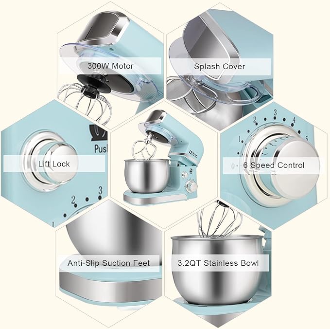 Kitchen in the box Stand Mixer3.2Qt Small Electric Food Mixer6 Speeds Portable Lightweight Kitchen Mixer for Daily Use with Egg WhiskDough HookFlat Beater (Blue)
