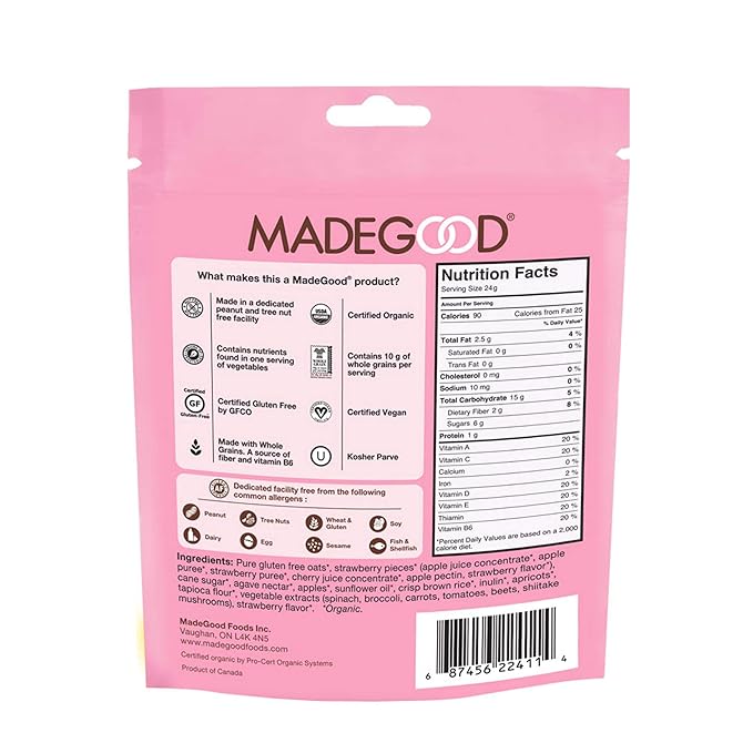 MadeGood Strawberry Granola Minis 6 Pouches (3.5 oz/ea) Granola Clusters Made with Crunchy Oats and Juicy Strawberries Convenient Individually-Wrapped Portions Allergy-Friendly School-Safe Snack