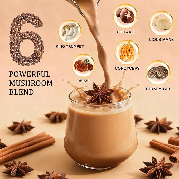 Bunkell Mushroom Chai Adaptogenic 6 Mushrooms with Lion's Mane Reishi Cordyceps Shiitake King Trumpet &amp Turkey Tail Chai Powder for Energy Focus Digestion &amp Immune Support 20 Servings