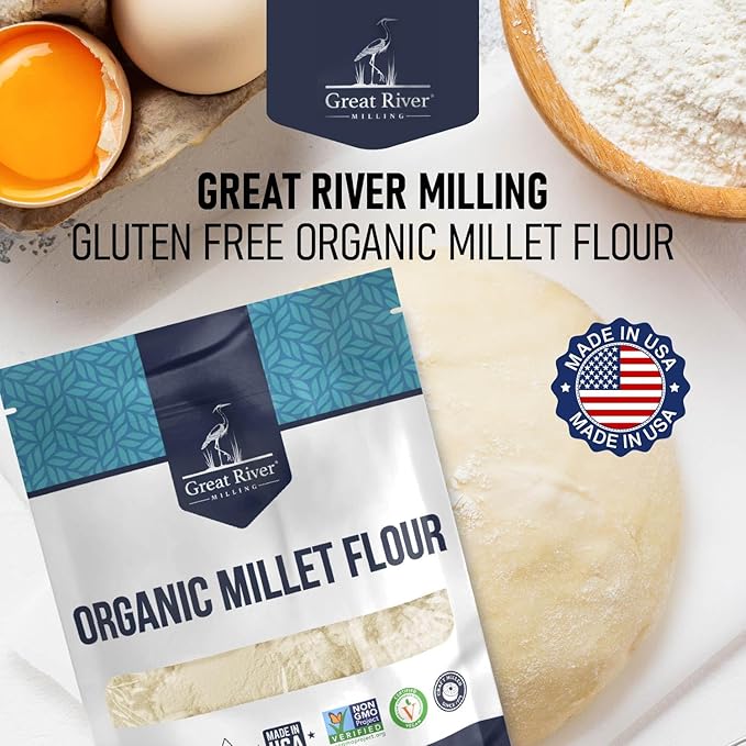 Great River Milling Organic Millet Flour | USDA Organic Naturally Gluten Free Non-GMO Vegan Kosher | Mild Nutty Flavor for Baking Flatbreads Pancakes &amp Porridge | 5 Lb.