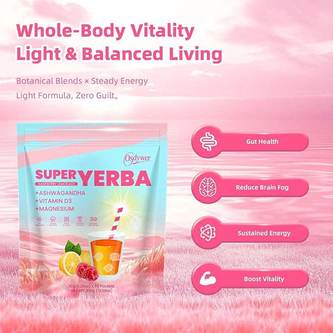 Super Yerba Mate Yerba Mate Instant Tea Powder RASPBERRY LEMONADE Flavor Mate Tea Supplements with Prebiotics and Probiotics - 30 Servings (2)