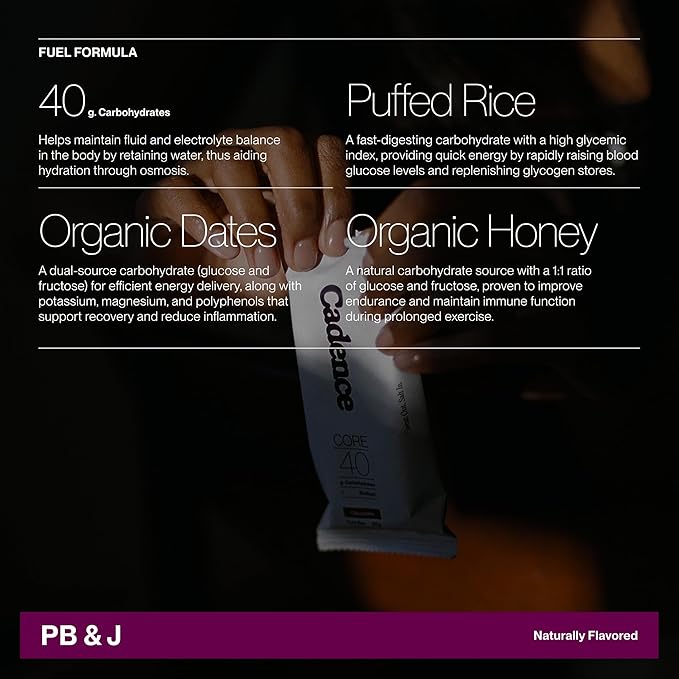 Cadence Peanut Butter &amp Jelly Energy Bar - Case (50g x 12) | 40g Carb Blend with Organic Dates &amp Honey | Electrolytes for Hydration &amp Recovery | Natural Ingredients | Vegan-Friendly Fuel f