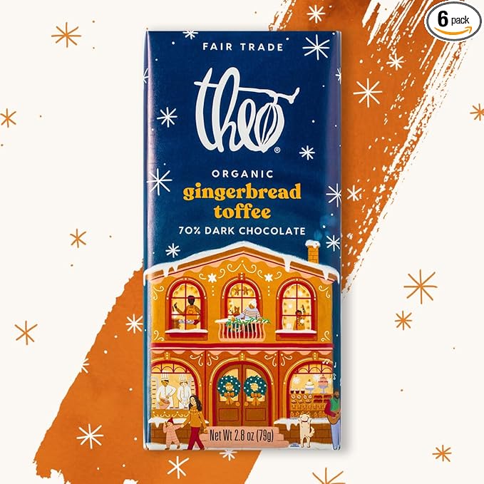 Theo Chocolate Holiday Gingerbread Toffee Organic Dark Chocolate Bar 70% Cacao 6 Pack | Fair Trade