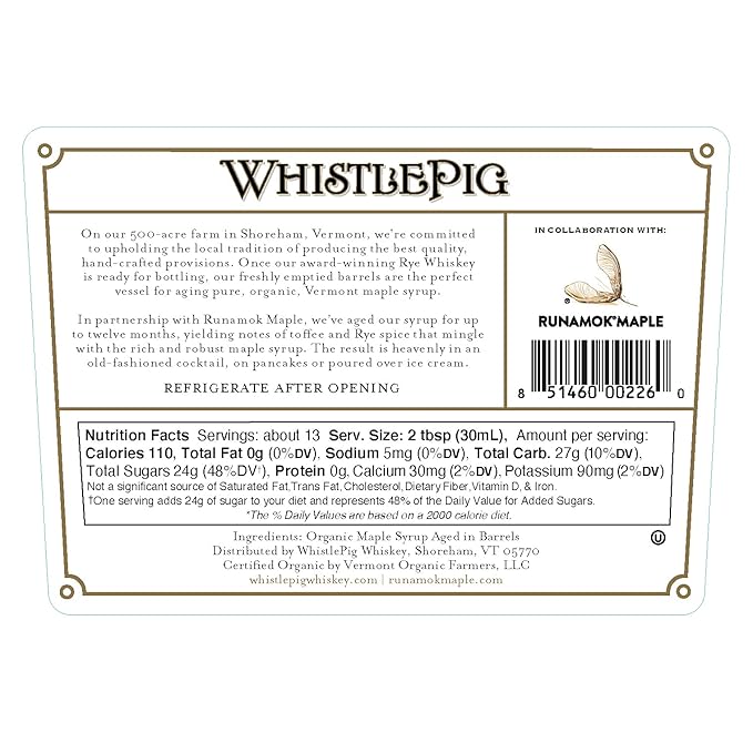 Runamok Maple &amp WhistlePig Organic Rye Whiskey Barrel-aged Maple Syrup 375 ml | 12.7 FL oz