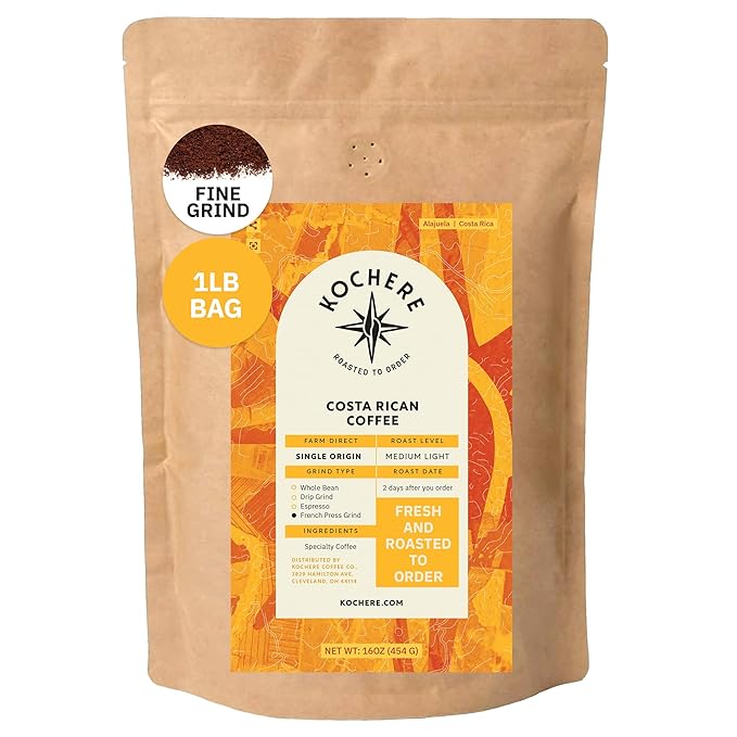 Kochere Organic Costa Rican Specialty Coffee – 1lb Fine Grind – Freshly Roasted to Order – Single Origin Farm Direct Sweet &amp Fruity Notes – Authentic Costa Rican Espresso Grounds