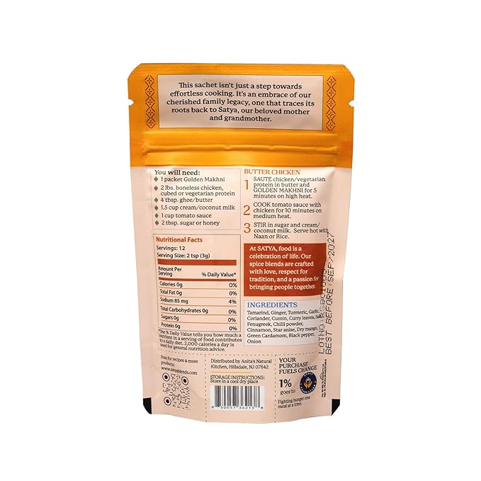 Satya Butter Chicken Creamy Curry Seasoning Mix Powder 1.31 oz Sachets (Pack of 5-185gm) – Golden Makhni Curry Masala for Protein Chicken &amp Vegetables - Vegan Gluten &amp Dye Free Low Sodium I