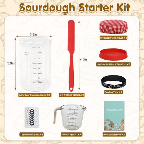 34oz Sourdough Starter Jar KitWide Mouth Sourdough Starter Container with Feeding Tracking Band Silicone Spatula&ampSourdough Starter Kit-Baking Supplies(2 pack). (Red)