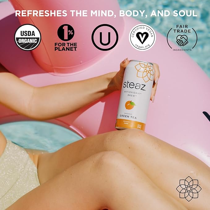 Steaz - Organic Green Tea - Peach Flavored (12 Pack) - Antioxidant Brew - 65mg Natural Caffeine 90 Calories Vitamin C - Cane Sugar Sweetened Iced Tea - Vegan Fair Trade - 12 Cans 16 fl oz (473mL)