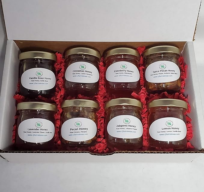 C&ampJ Farms Texas Gourmet Artisan Seasonings A Gift of Honey Set- 8 Piece Sweet Variety Box- Pure Raw Natural Infused Honey by TX Bees in Sampler Jars