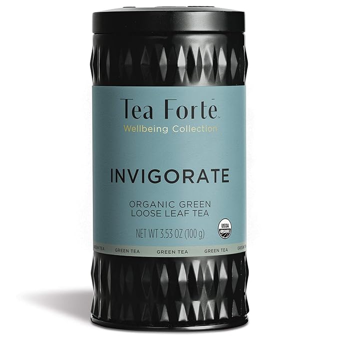 Tea Forte Invigorate Premium Organic Loose Leaf Caffeinated Green Tea Blend Canister Makes 35-50 Cups
