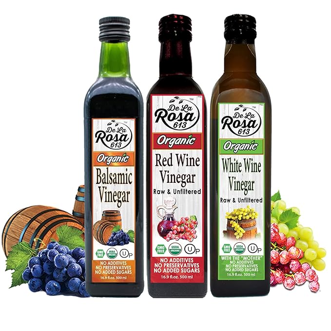 De La Rosa Organic White Wine Red Wine &amp Balsamic Vinegar Vegan Kosher Non-GMO &amp Gluten Free Great for Salad Dressing Marinades &amp More 16.9 Oz (Pack of 3)