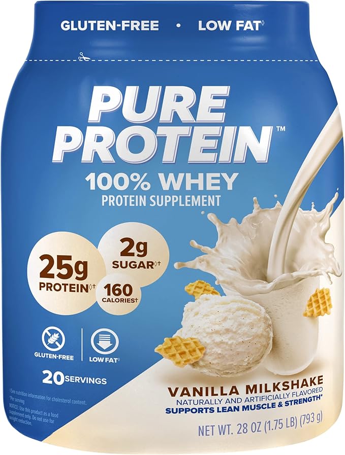 Pure Protein Powder Whey High Protein Low Sugar Gluten Free Vanilla Cream 1.75 lbs &amp Bars High Protein Nutritious Snacks to Support Energy Low Sugar Gluten Free