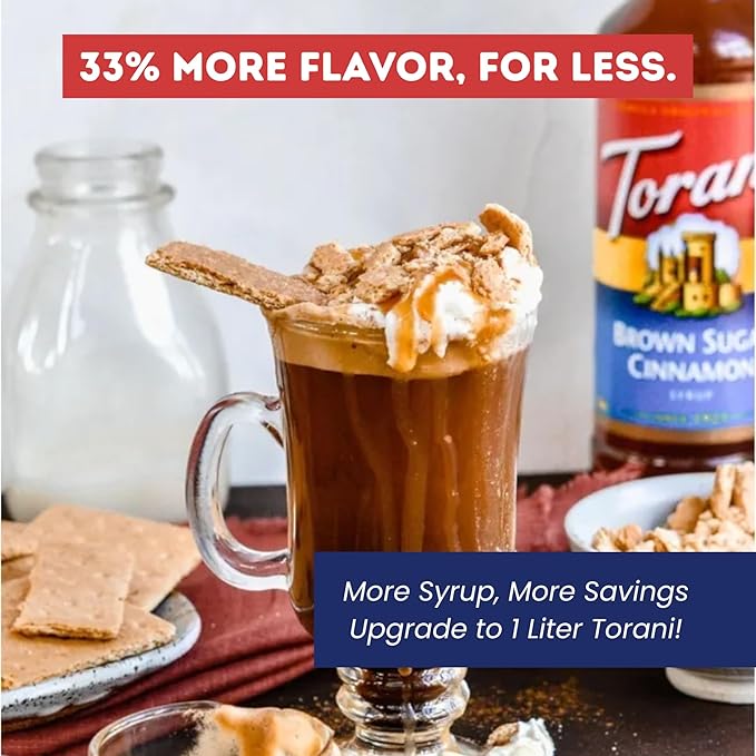 Torani Brown Sugar Cinnamon Syrup 1 Liter Bottle with Pump – Premium Coffee Flavoring Made with Pure Cane Sugar &amp Natural Flavors for Lattes Oatmeal Cocktails &amp Desserts – Café-Quality Sweet