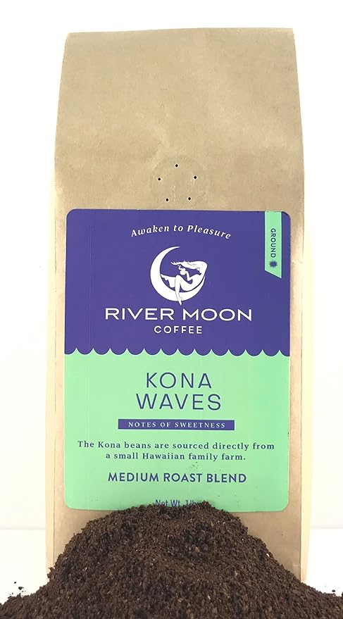 River Moon Coffee Kona Coffee Ground Medium Roast 16 Ounces Kona Waves Hawaiian Blend Sustainably Farmed 100% Arabica
