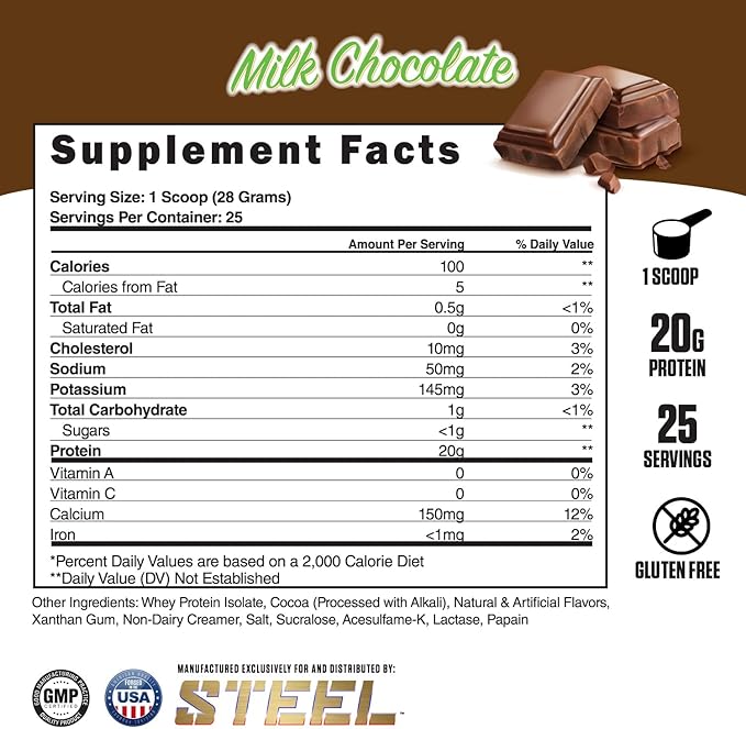 Steel Supplements Whey-Iso | Whey Isolate Protein Powder | Fast Absorbing | Lean Muscle Growth | Easy Digestion | Gluten Free | Low Carb | 25 Serving (Milk Chocolate)