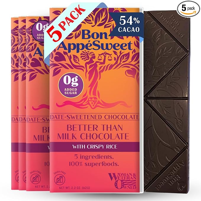 Bon Appesweet Date Sweetened Chocolate Bar - Better Than Milk Chocolate with Crispy Rice | 2.2 Ounce (Pack of 5) | Organic Zero Added Sugar 54% Cacao Plant Based Dairy Free and Guilt Free!