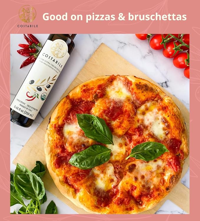 Chilli oil. Spicy Extra Virgin Olive Oil from Puglia Italy Infused with Organic Hot Red Peppers. Perfect as Spicy Vegan Chili Dressing - COSTABILE 16.9 Fl. Oz.