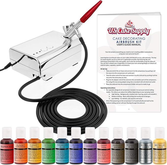 U.S. Cake Supply Complete Cake Airbrush Decorating Kit with 12 Vibrant Food Colors - Air Brush for Cake Decoration Cupcakes Cookies &amp Desserts