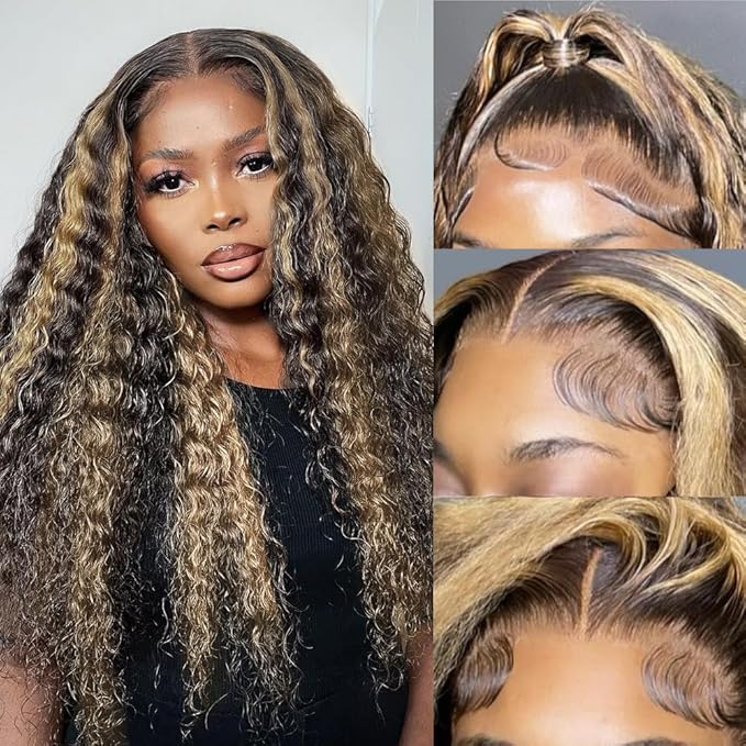 Deep Wave Lace Front Wigs Human Hair Fb/27 250% Density 9x6 Glueless HD Lace Frontal Wigs Human Hair Pre Plucked Ombre Lace Front Wig Balayage Highlight Glueless Wigs for Women 18 Inch