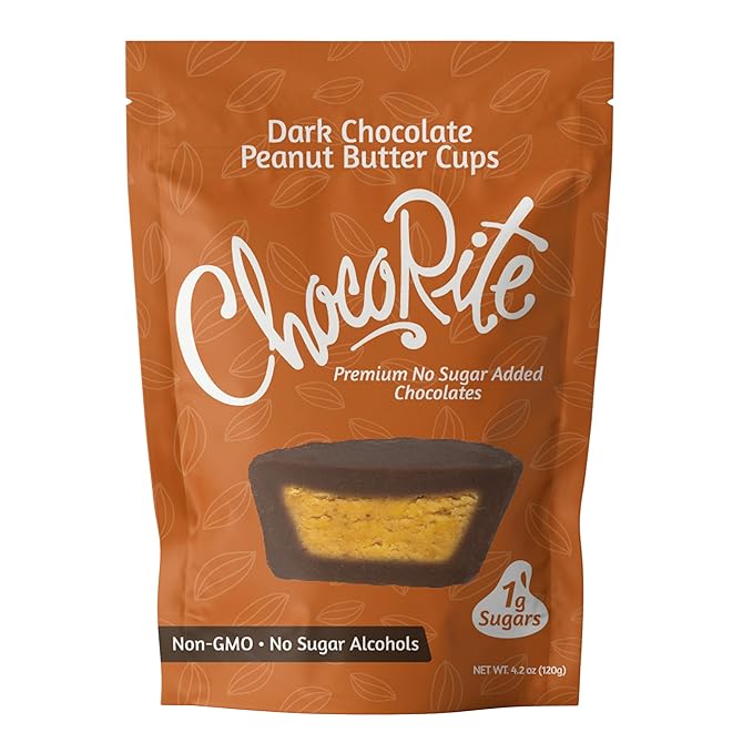 ChocoRite Dark Chocolate Peanut Butter Cups | No Added Sugar | Gluten Free Soy Free Non-GMO | No Sugar Alcohols | Pack of 6 Pouches
