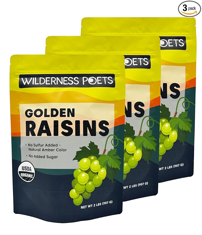 Wilderness Poets Organic Golden Raisins - 2 Pound (Pack of 3) - No Added Sugar - Bulk Dried Fruit (6 Pound - 96 Ounce)