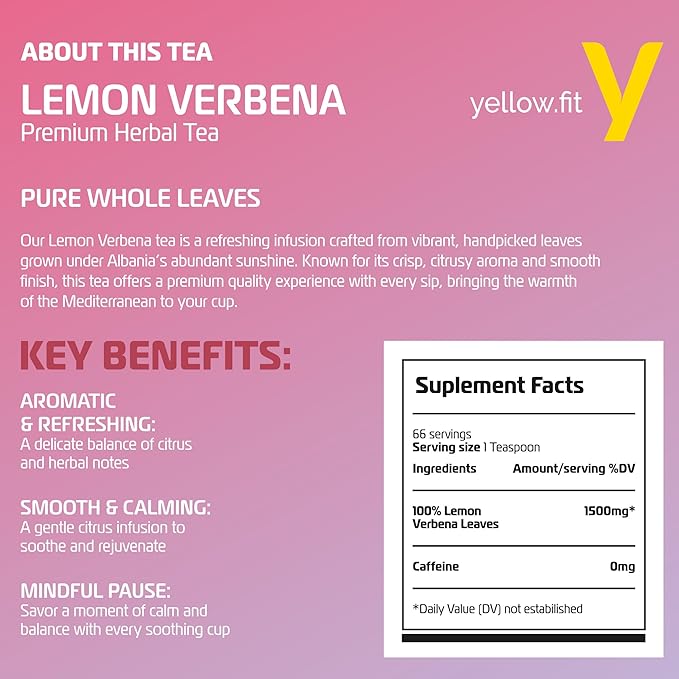 Yellow.fit Lemon Verbena Whole Leaf Tea – 1500mg Loose Leaf Herbal Tea Caffeine-Free Lemon Verbena Leaves Naturally Aromatic Herbal Infusion 66 Servings