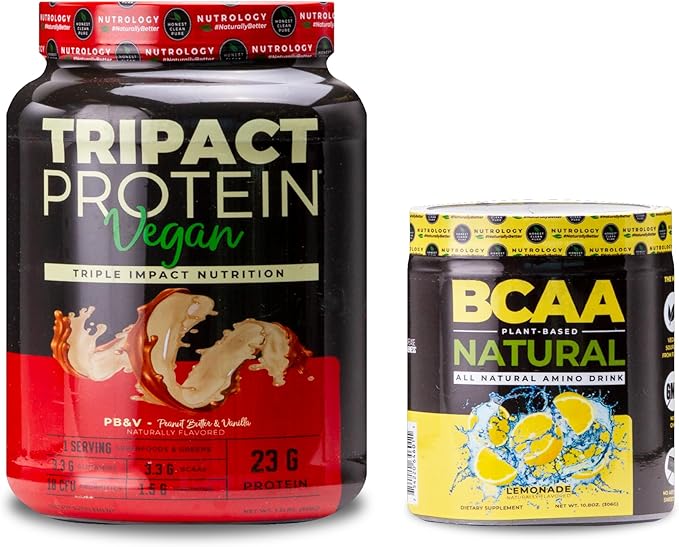 Nutrology TRIPACT Vegan Protein Powder for Vegan Protein Shakes Peanut Butter Vanilla (20 Servings) BCAA Natural Plant Based BCAA Powder Lemonade Flavor (30 Servings)