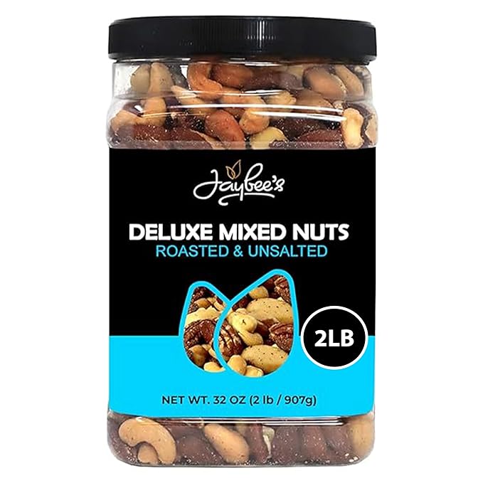 Jaybee’s Unsalted Mixed Nuts | 32 oz | Gourmet Roasted Deluxe Nut Mix with Cashews Almonds Pecans Hazelnuts Brazil Nuts (No Peanuts) | Keto Vegan Friendly Kosher Healthy Snacks